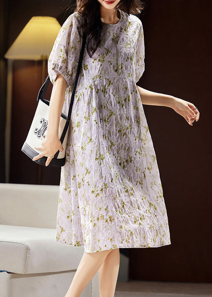 Bohemian Light Purple Print Patchwork Cotton Holiday Long Dress Puff Sleeve WW029 OL-SDL240812