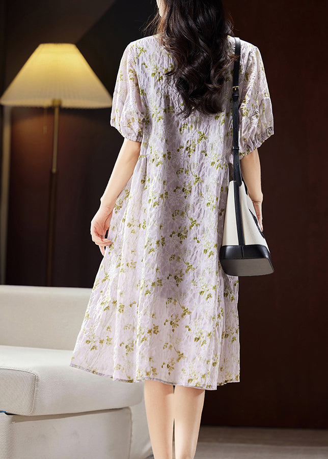 Bohemian Light Purple Print Patchwork Cotton Holiday Long Dress Puff Sleeve WW029 OL-SDL240812
