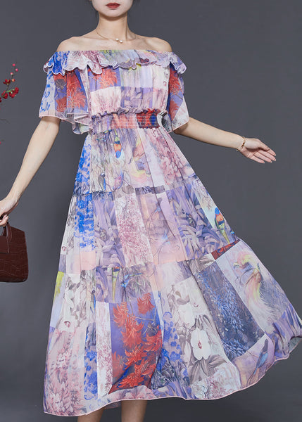 Bohemian Light Purple Slash Neck Cinched Chiffon Holiday Dress Summer SD1055 Ada Fashion