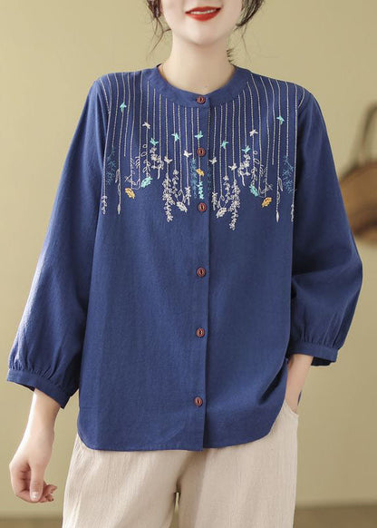 Bohemian Loose Blue Embroidered Linen Blouses Long Sleeve FF019 MZF-LTP240607