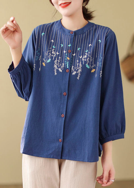 Bohemian Loose Blue Embroidered Linen Blouses Long Sleeve FF019 MZF-LTP240607