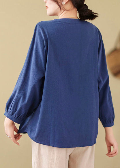 Bohemian Loose Blue Embroidered Linen Blouses Long Sleeve FF019 MZF-LTP240607