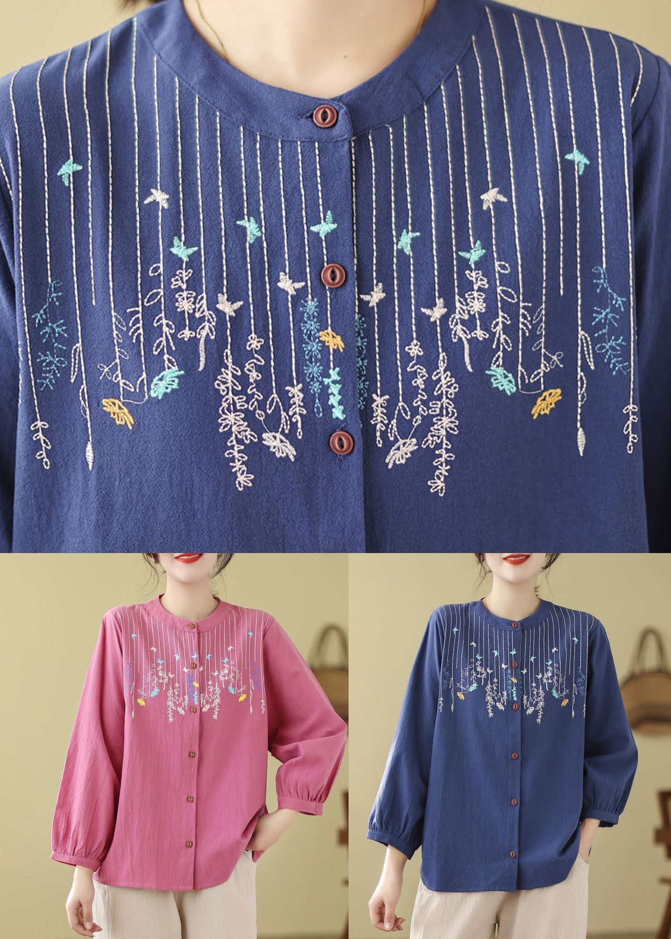 Bohemian Loose Blue Embroidered Linen Blouses Long Sleeve FF019 MZF-LTP240607