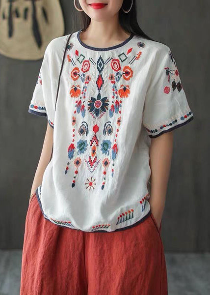 Bohemian Loose White Embroidered Cotton T Shirt Summer TN016 ABC