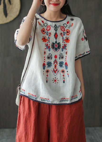 Bohemian Loose White Embroidered Cotton T Shirt Summer TN016 ABC