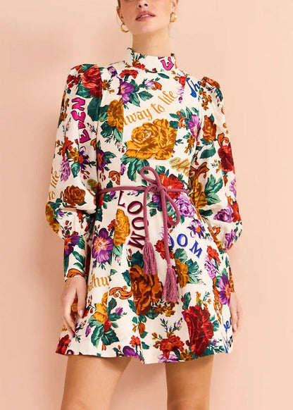 Bohemian Multi Print Tie Waist Cotton Mid Dress Long Sleeve FF071 SH-LF-FDM240603