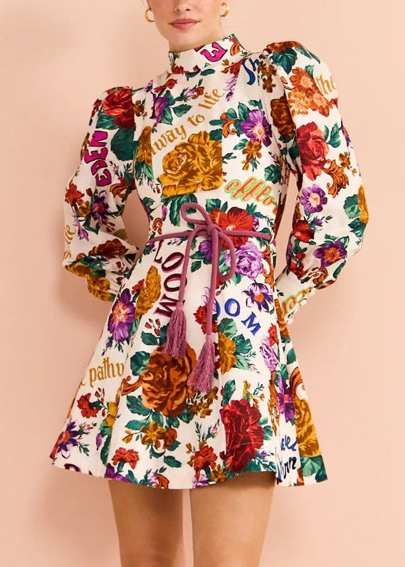 Bohemian Multi Print Tie Waist Cotton Mid Dress Long Sleeve FF071 SH-LF-FDM240603