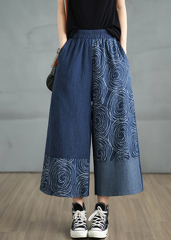 Bohemian Navy Pants Denim Print Summer Asymmetrical FashionChic