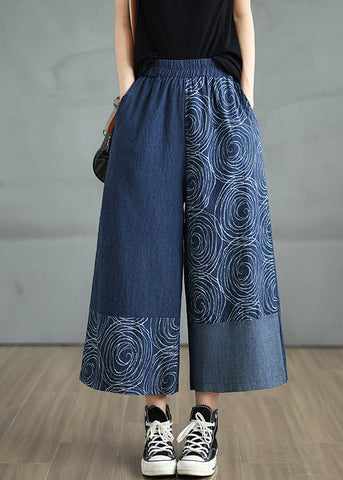 Bohemian Navy Pants Denim Print Summer Asymmetrical FashionChic