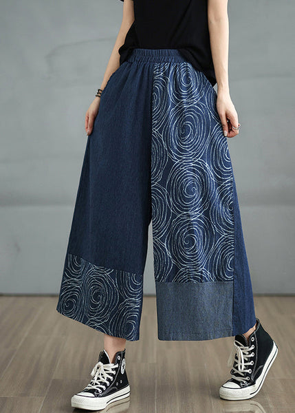 Bohemian Navy Pants Denim Print Summer Asymmetrical FashionChic