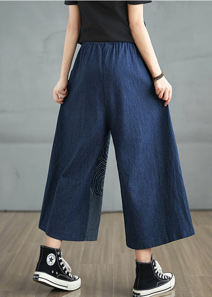 Bohemian Navy Pants Denim Print Summer Asymmetrical FashionChic