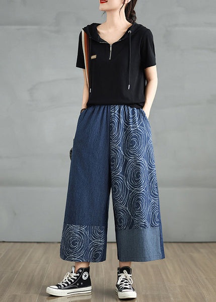 Bohemian Navy Pants Denim Print Summer Asymmetrical FashionChic