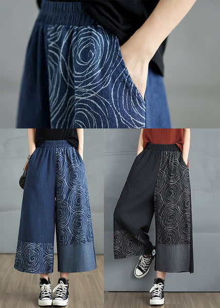 Bohemian Navy Pants Denim Print Summer Asymmetrical FashionChic