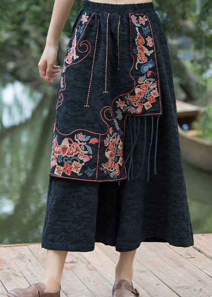 Bohemian Navy Embroidered Patchwork Cotton Crop Pants Summer QQ1017 Ada Fashion