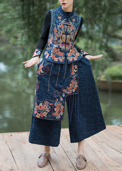 Bohemian Navy Embroidered Patchwork Cotton Crop Pants Summer QQ1017 Ada Fashion