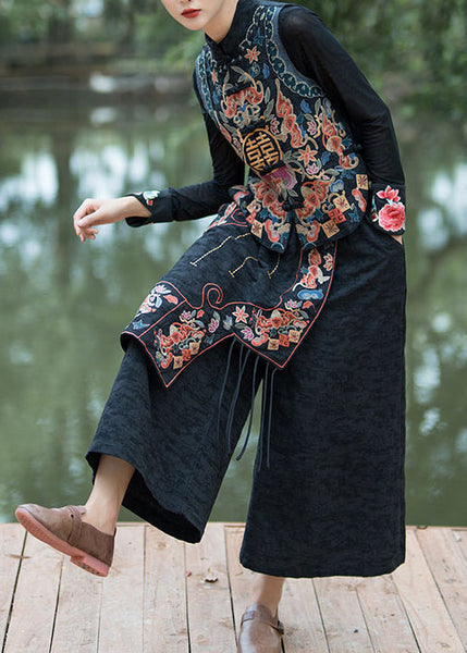 Bohemian Navy Embroidered Patchwork Cotton Crop Pants Summer QQ1017 Ada Fashion