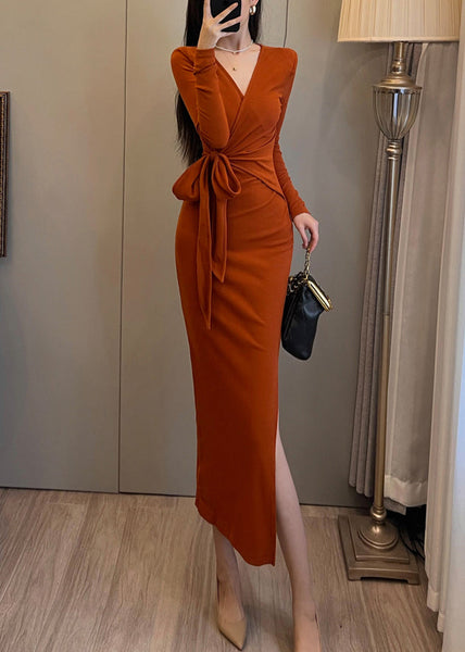 Long Open Waist Dress Orange Knit Tie Bohemian Side FashionChic