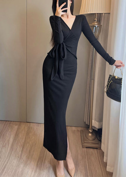 Long Open Waist Dress Orange Knit Tie Bohemian Side FashionChic