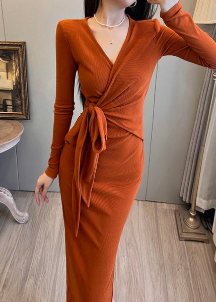 Long Open Waist Dress Orange Knit Tie Bohemian Side FashionChic
