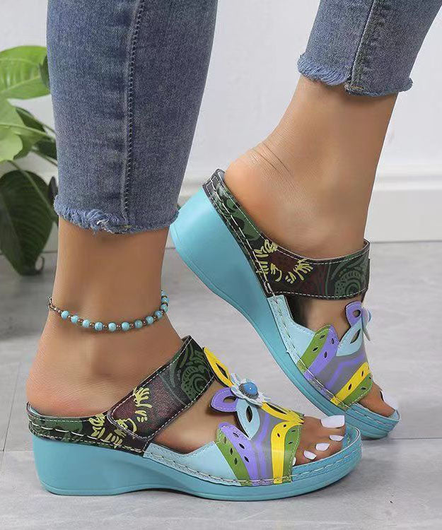 Bohemian Peacock Blue Hollow Out Splicing Wedge Slide Sandals DD1039 Shoe-LT240605