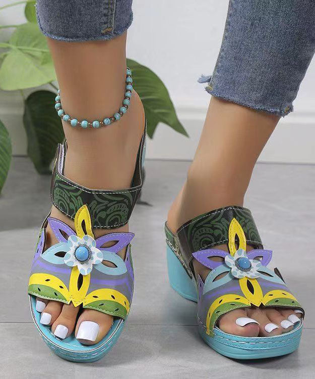 Bohemian Peacock Blue Hollow Out Splicing Wedge Slide Sandals DD1039 Shoe-LT240605