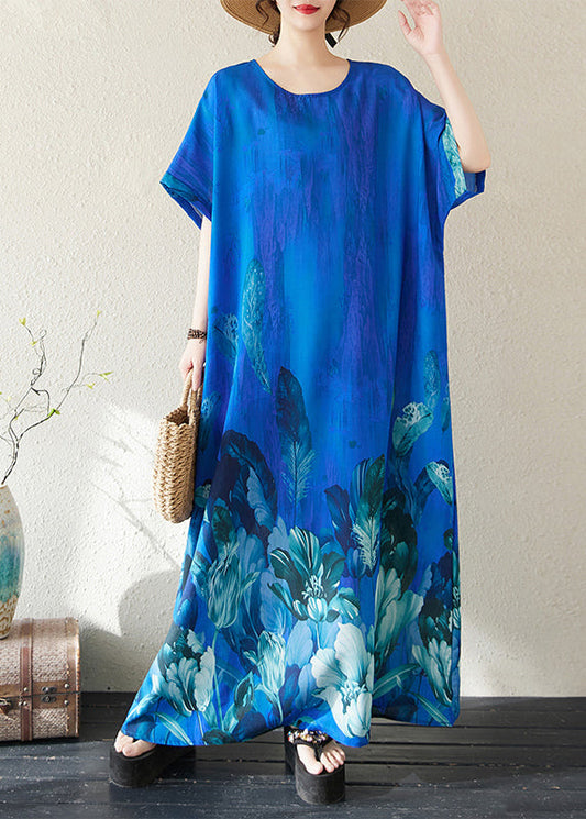 Holiday Dress Summer Bohemian Peacock Print Blue Oversized FashionChic
