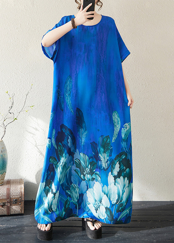 Holiday Dress Summer Bohemian Peacock Print Blue Oversized FashionChic