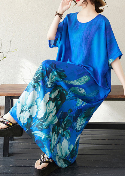 Holiday Dress Summer Bohemian Peacock Print Blue Oversized FashionChic