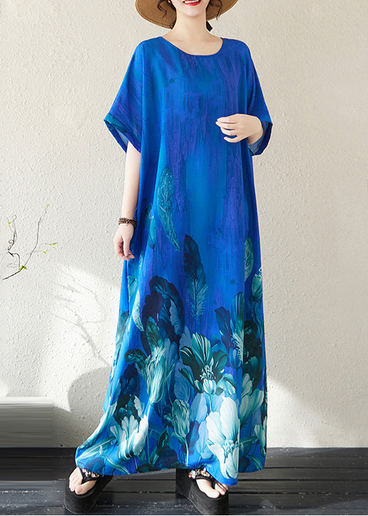 Holiday Dress Summer Bohemian Peacock Print Blue Oversized FashionChic