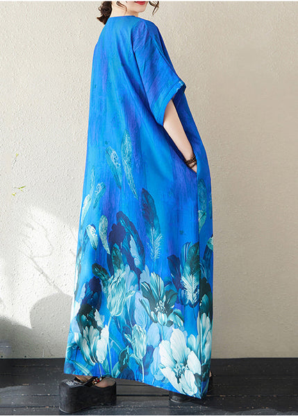Holiday Dress Summer Bohemian Peacock Print Blue Oversized FashionChic