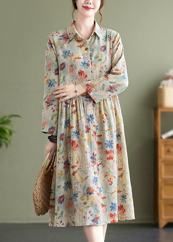 Bohemian Peter Pan Collar Print Wrinkled Cotton Dress Fall QO054 OM-ZS241008