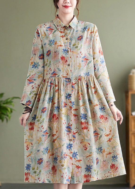 Bohemian Peter Pan Collar Print Wrinkled Cotton Dress Fall QO054 OM-ZS241008