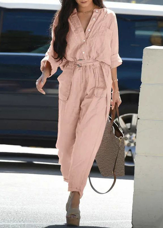 Jumpsuit Tunic Pockets Pink Pan Peter Bohemian Fall Collar FashionChic