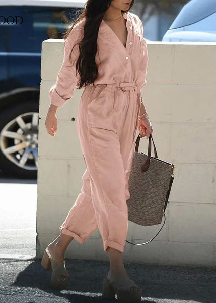 Jumpsuit Tunic Pockets Pink Pan Peter Bohemian Fall Collar FashionChic