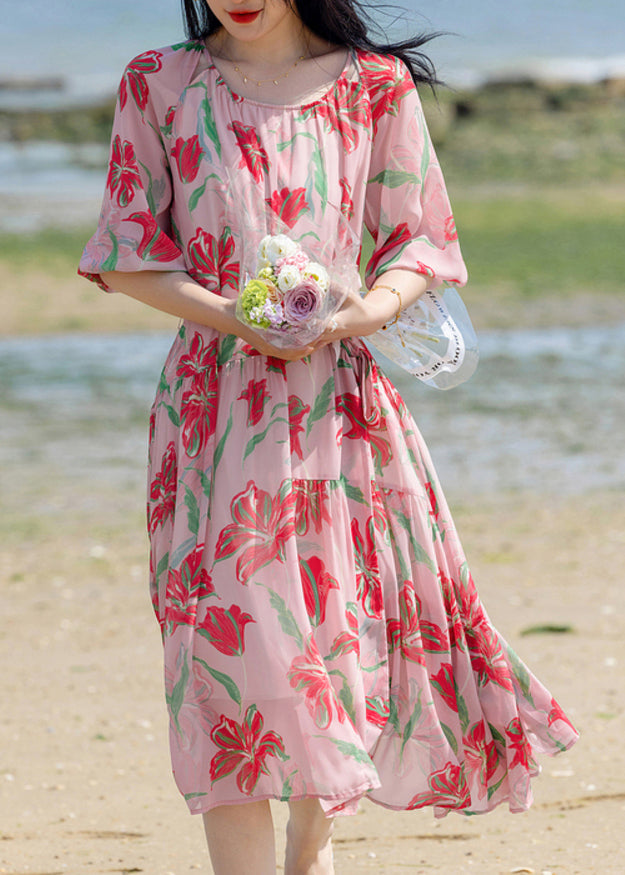 Bohemian Pink Print Patchwork Chiffon Long Holiday Dress Summer WW020 OL-SDL240812