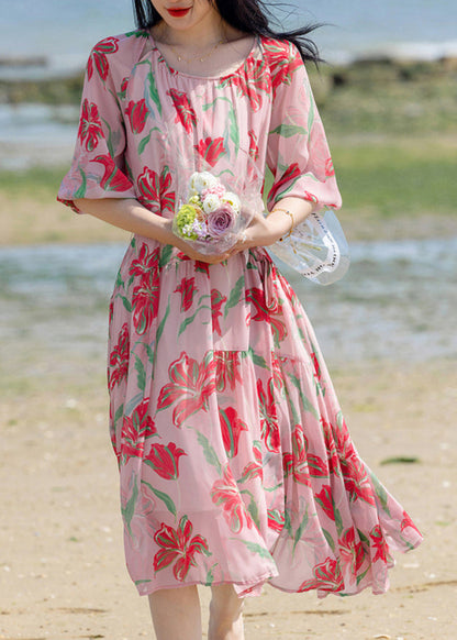 Bohemian Pink Print Patchwork Chiffon Long Holiday Dress Summer WW020 OL-SDL240812