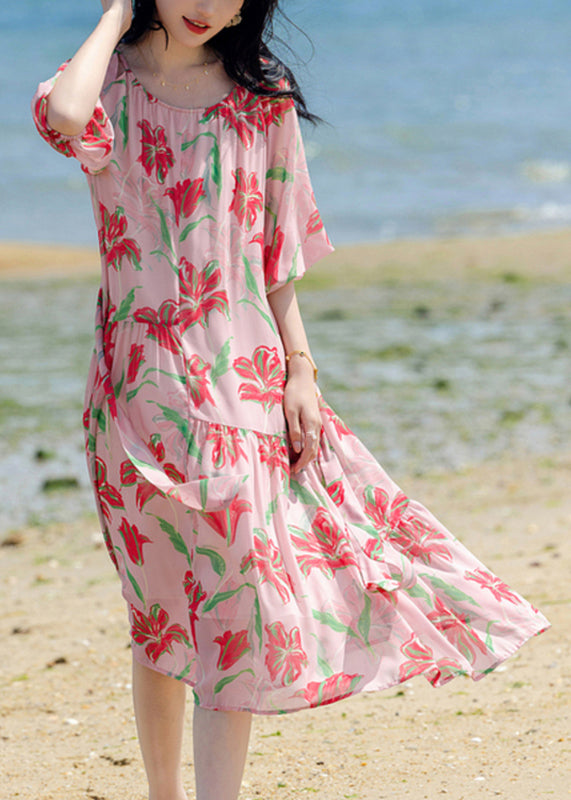 Bohemian Pink Print Patchwork Chiffon Long Holiday Dress Summer WW020 OL-SDL240812