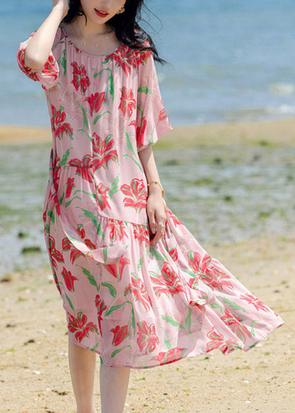 Bohemian Pink Print Patchwork Chiffon Long Holiday Dress Summer WW020 OL-SDL240812