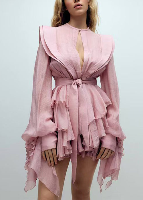 Cotton Lantern Pink Bohemian Mini Dress Sleeve Ruffled FashionChic