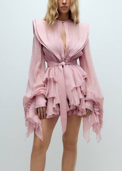 Cotton Lantern Pink Bohemian Mini Dress Sleeve Ruffled FashionChic