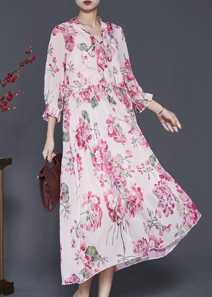 Bohemian Pink Ruffled Print Chiffon Dress Spring SD1001 Ada Fashion