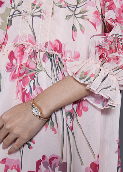 Bohemian Pink Ruffled Print Chiffon Dress Spring SD1001 Ada Fashion