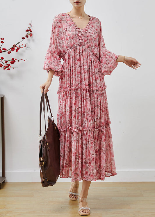 Bohemian Pink Ruffled Print Chiffon Maxi Dresses Lantern Sleeve AP1064 AM-SDL240904