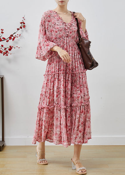 Bohemian Pink Ruffled Print Chiffon Maxi Dresses Lantern Sleeve AP1064 AM-SDL240904