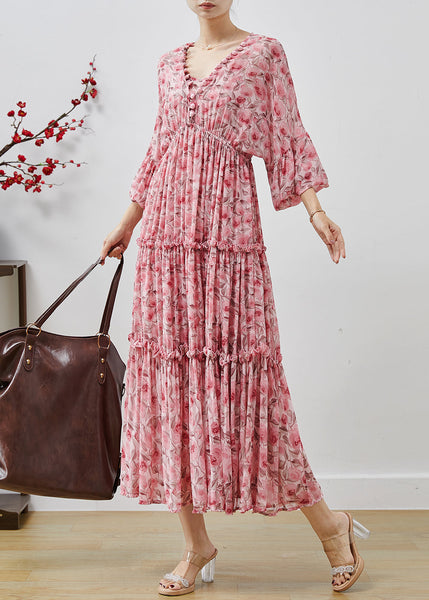 Bohemian Pink Ruffled Print Chiffon Maxi Dresses Lantern Sleeve AP1064 AM-SDL240904