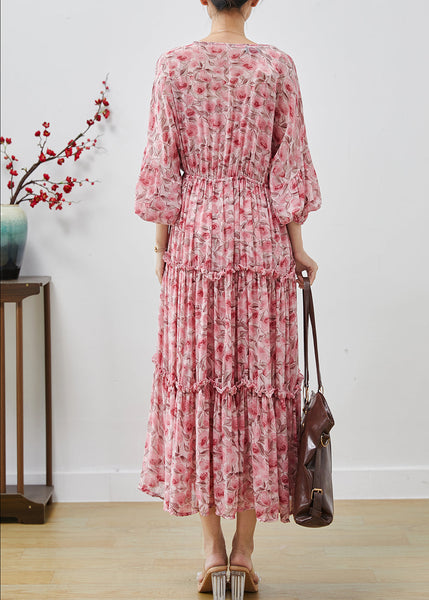 Bohemian Pink Ruffled Print Chiffon Maxi Dresses Lantern Sleeve AP1064 AM-SDL240904