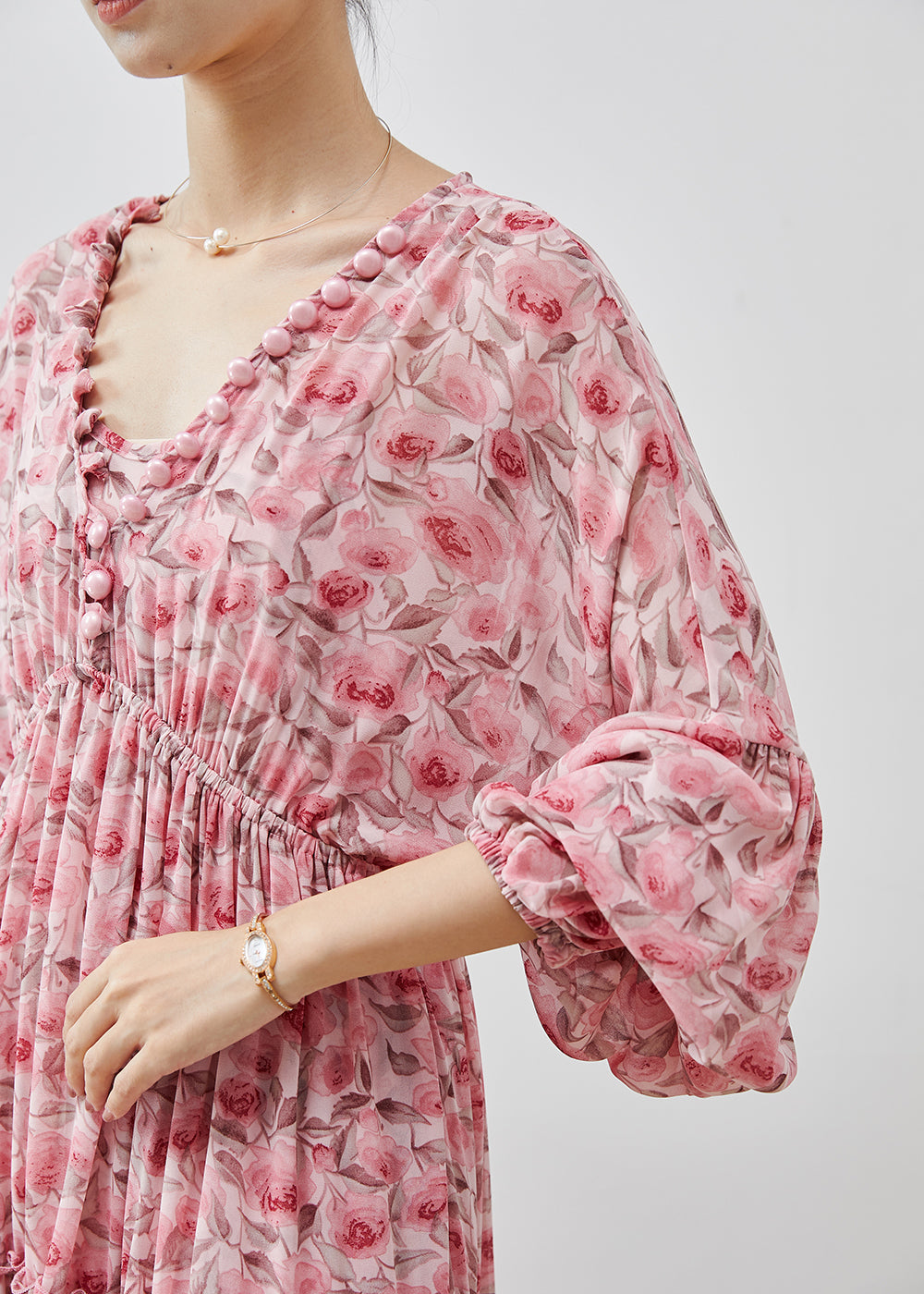 Bohemian Pink Ruffled Print Chiffon Maxi Dresses Lantern Sleeve AP1064 AM-SDL240904