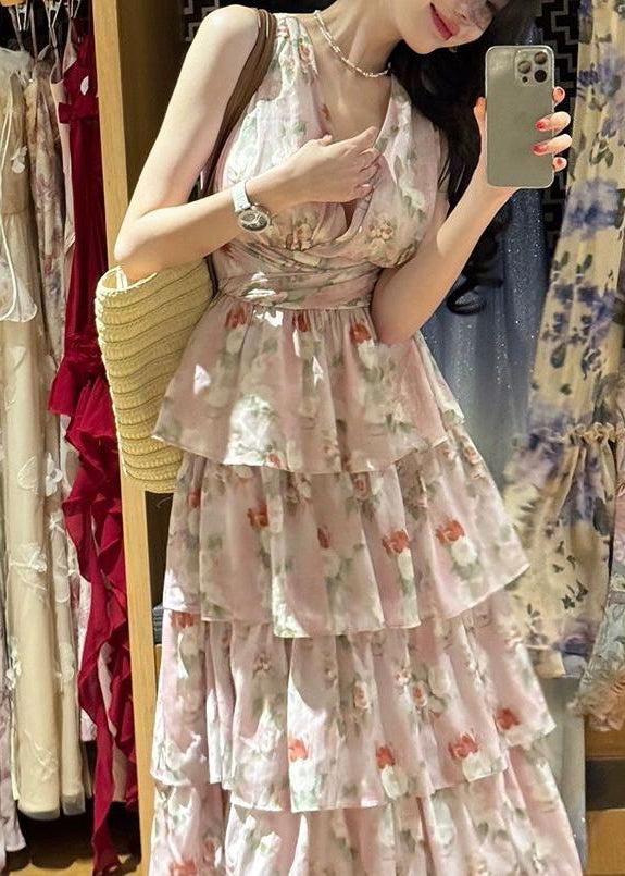 Bohemian Pink V Neck Print Chiffon Long Dresses Sleeveless ZL025 SH-LF-SDL240621