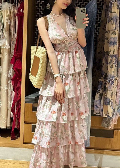 Bohemian Pink V Neck Print Chiffon Long Dresses Sleeveless ZL025 SH-LF-SDL240621