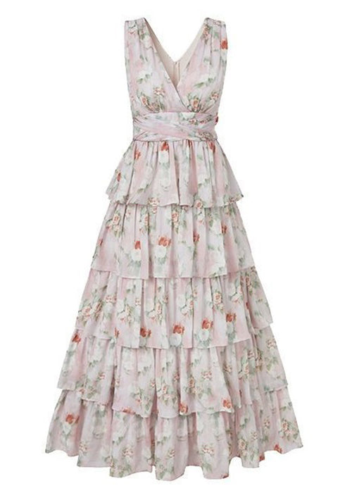 Bohemian Pink V Neck Print Chiffon Long Dresses Sleeveless ZL025 SH-LF-SDL240621